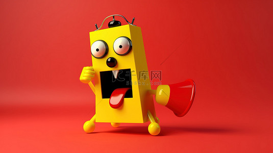 欢快的闹钟吉祥物在 3D 渲染的充满活力的黄色背景上挥舞着老式红色扩音器
