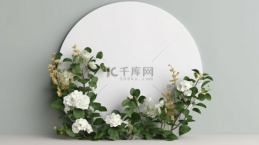 圆形植物邀请卡，花覆盖 3d 空画布