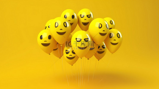 黄色社交媒体背景上 facebook 反应表情符号气球符号的 3d 渲染