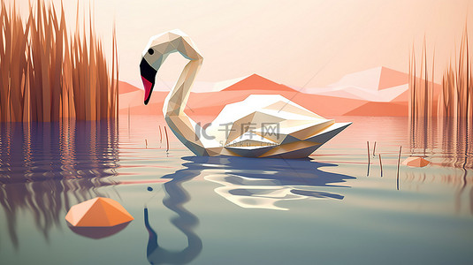 芦苇水背景图片_天鹅滑过湖芦苇的低聚 3D 插图