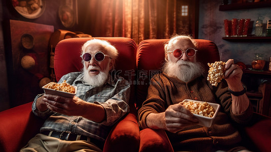 退休人员在客厅沙发上享用爆米花，享受 3D 电影之夜