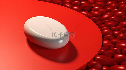 药房背景背景图片_药房概念红色和白色药丸在 3D 渲染中在火红色背景下渲染