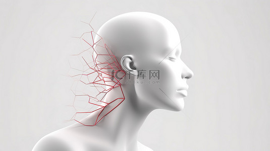 3D 渲染白色抽象头部轮廓，红心和脉冲心跳符号描绘白色背景上的心理健康概念