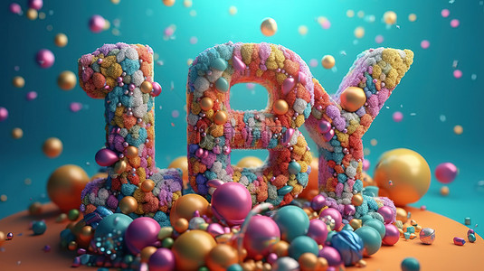 生日壁纸背景图片_充满活力的生日祝福彩色粒子抽象 3D 插图