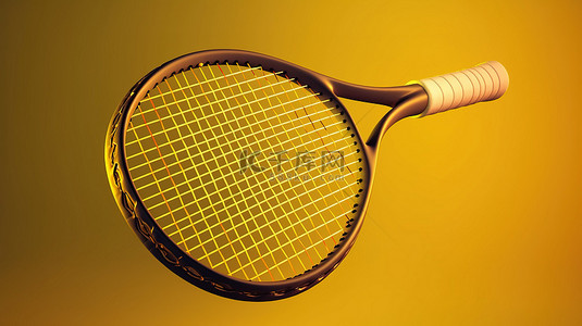 黄色背景与 3D 渲染的网球拍运动器材