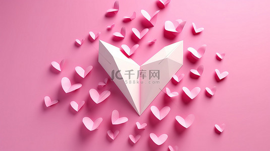 粉红色背景上的心的 3D 渲染与爱信息纸飞机