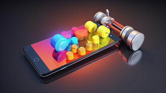 彩色马铃薯背景图片_在线健身训练概念现代智能手机以彩色 3D 插图与运动器材面板描绘
