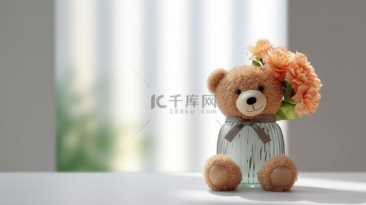 3D 渲染中，洁白的桌子上摆着一个漂亮的花瓶，里面装满了鲜花，还有一只可爱的泰迪熊