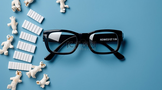 经典蓝色背景，配有电影拍板和 3D 眼镜，白色框架代表电影行业娱乐和顶视图