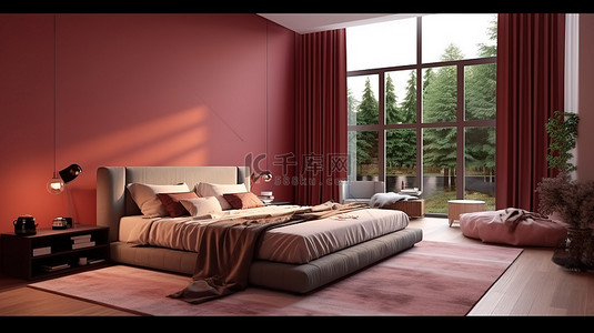 现代卧室由玻璃封闭，位于时尚的工作室空间，配有华丽的床电视单元和毛绒角沙发 3D 渲染