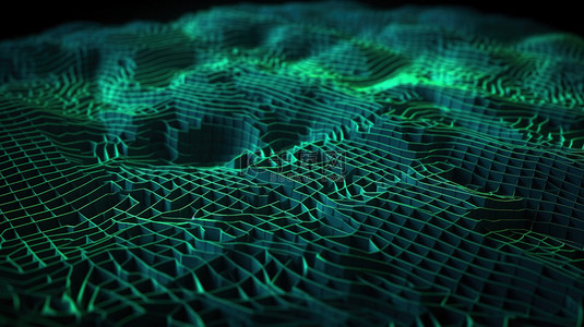 绿色霓虹灯网格地形抽象 3D 渲染地形网格