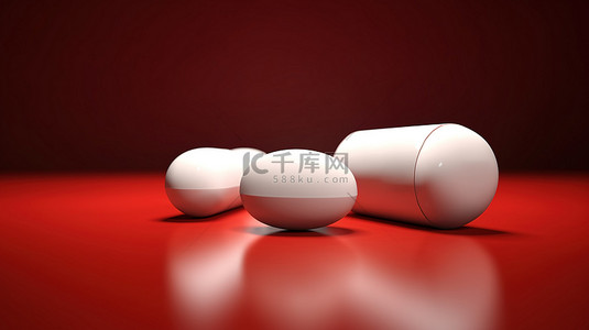 药房概念是在大胆的红色背景上以 3D 呈现的红白药丸