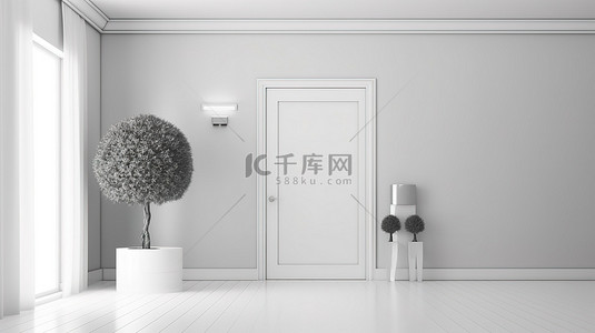 大白色背景图片_宽敞的现代室内房间，拥有充足的自然光和门口 3D 渲染图像