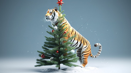 清蒸老虎斑背景图片_圣诞树顶上的 3d 老虎