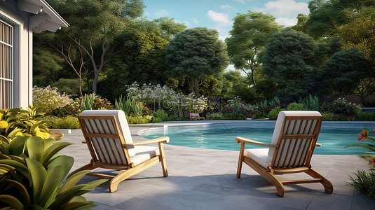 后院草坪背景图片_后院和游泳池的 3D 渲染，配有草坪椅，可俯瞰