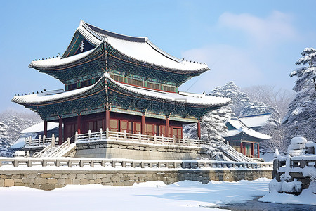 冬天古建筑背景图片_雪下的韩国宫殿 景福宫