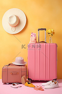 道具装饰背景图片_粉色旅行包帽子墨镜和气球装饰的行李箱