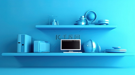 电脑场景背景图片_蓝色墙架与电脑 pc 的 3d 插图