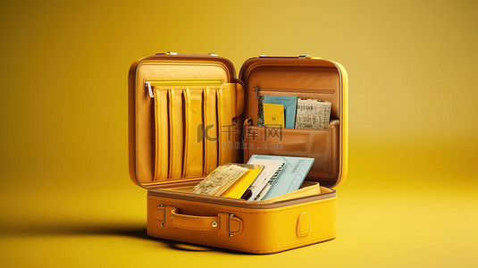 黄色手提箱的 3D 渲染，配有打开的钱包门票日历护照相机，非常适合旅行和旅游