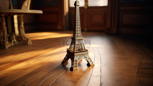 埃菲尔铁塔雕像显示在质朴的木桌上 3D 渲染
