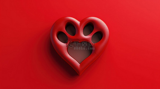 在孤立的红色背景上对宠物的心形爪子符号进行 3D 渲染
