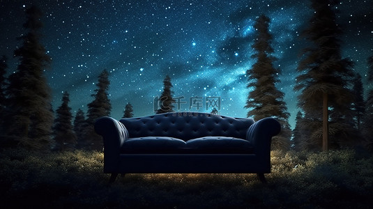 带有繁星夜空的黑暗森林户外沙发的 3D 插图