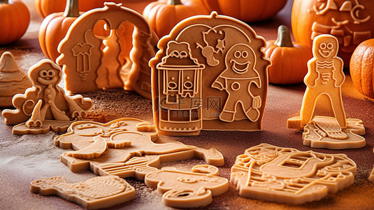 烤饼背景图片_万圣节主题饼干切割机由塑料 3D 模具制成，用于姜饼面团