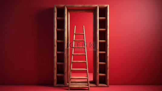 窗户开窗背景图片_红色背景上带开窗的木梯的孤立 3D 插图