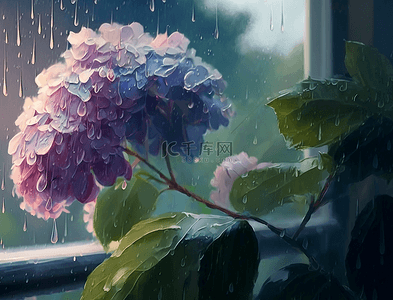 绿叶水彩背景图片_绣球花雨滴花朵油画花卉背景