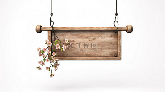 复古木制悬挂标牌，为您的设计提供充足的空间，在使用 3D 渲染技术创建的白色背景上装饰有花卉装饰