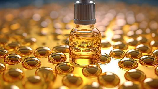 蜂蜜水背景背景图片_化妆品 3D 渲染胶原蛋白血清，分子呈闪烁的黄色气泡