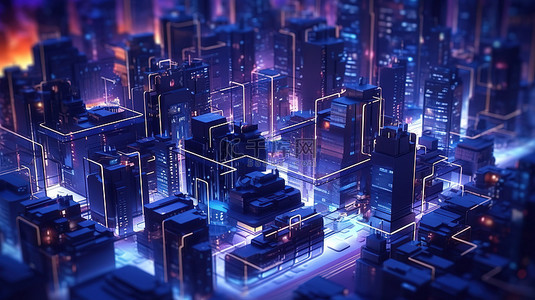 抽象 3D 渲染中赛博朋克摩天大楼等距城市景观的未来大都市
