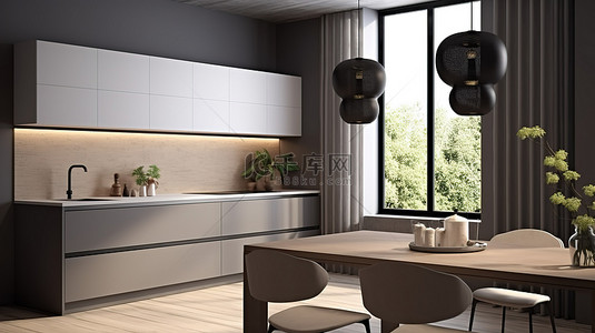 黑色房间背景图片_现代 3D 渲染厨房内部与现代风格海报样机