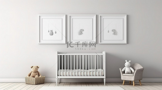 靠着的美女背景图片_宁静的农舍托儿所，配有白色金属婴儿床，靠着原始的白色墙壁，装饰着三个木制框架，包括室内设计的模型 3D 渲染