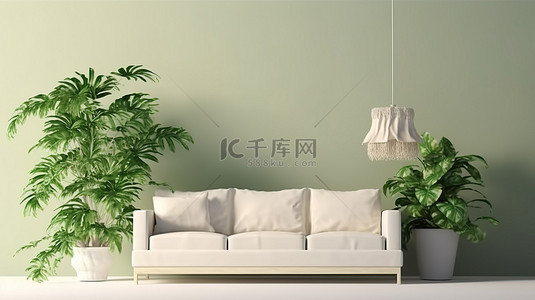 现代生活空间，配有白色沙发郁郁葱葱的绿色植物和 3D 渲染的艺术皮影戏