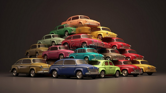 各种复古紧凑型汽车在 3D 渲染图像中堆得很高