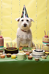 小孩坐在月亮上背景图片_一只戴着派对帽的白狗坐在一张大生日蛋糕桌和几件礼物下