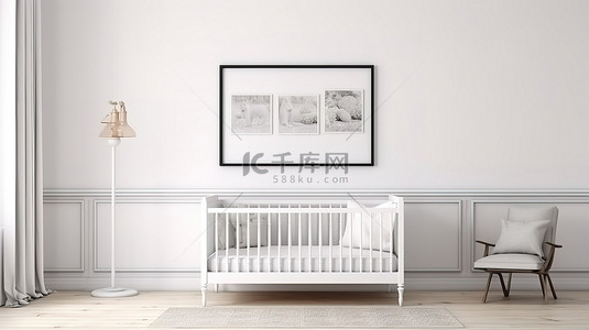 苗圃背景图片_质朴的苗圃农舍主题中的白色金属婴儿床，带有水平框架和 3D 模型渲染