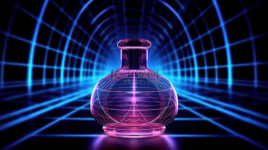 空气和水背景图片_霓虹灯照亮的隧道，带有 3D 渲染的发光香水瓶
