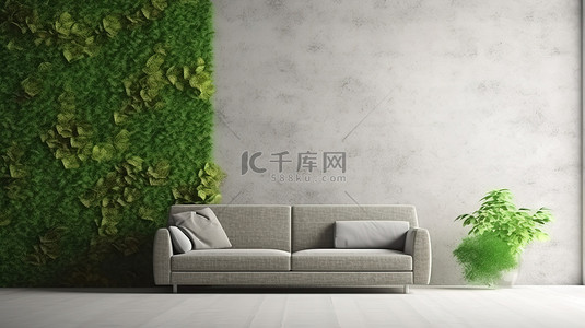 郁郁葱葱的绿草和废弃的沙发在 3D 室内渲染与风景背景