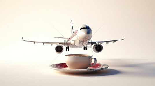 新黎明起飞现代飞机的 3D 渲染，白色背景上带有咖啡杯喷气发动机