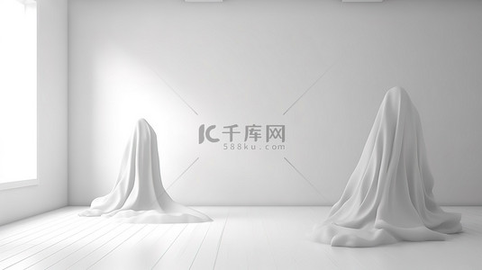 设计服装卡通背景图片_具有简约抽象幽灵设计的白色织物的 3D 渲染