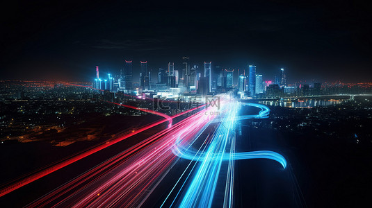 丝绸之路视频背景图片_城市景观使 3D 渲染栩栩如生，道路上有充满活力的红色和柔和的蓝色光迹