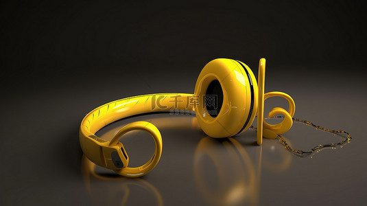 3D 音乐概念一个黄色音符，中间有耳机