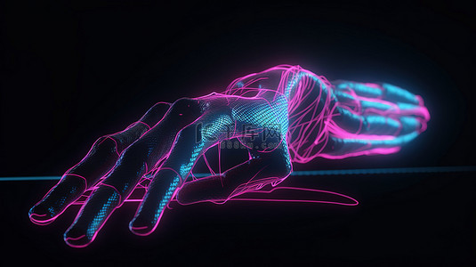 人造手在 3D 渲染概念中创造未来主义的霓虹灯痕迹