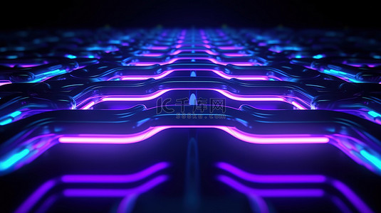黑色背景，空白空间，具有蓝色和紫色的抽象霓虹灯形状，具有未来派科幻氛围 3D 渲染