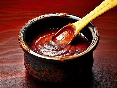 调味酱背景图片_深红色的桌子上放着一锅调味酱