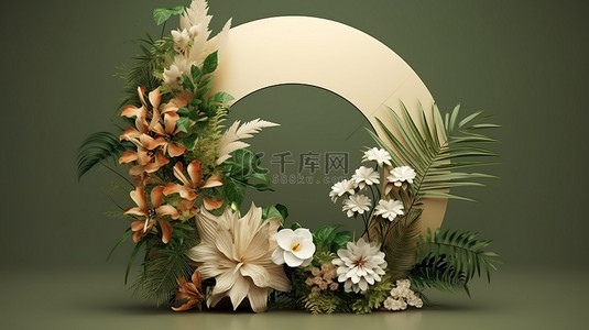 3D 渲染花卉椭圆形框架，装饰有植物和花卉，用于贺卡和邀请函