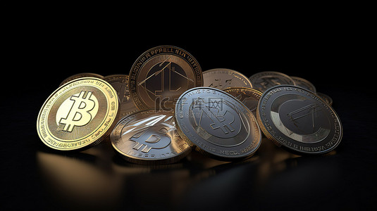 3D 渲染中的数字货币资产集合，以莱特币为加密货币的领导者