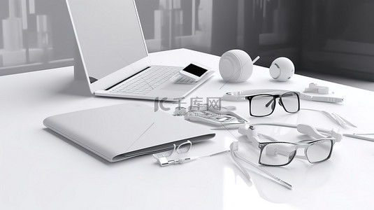 白色抽象 3d 场景中的未来科技必需品笔记本电脑相机眼镜笔智能手机
